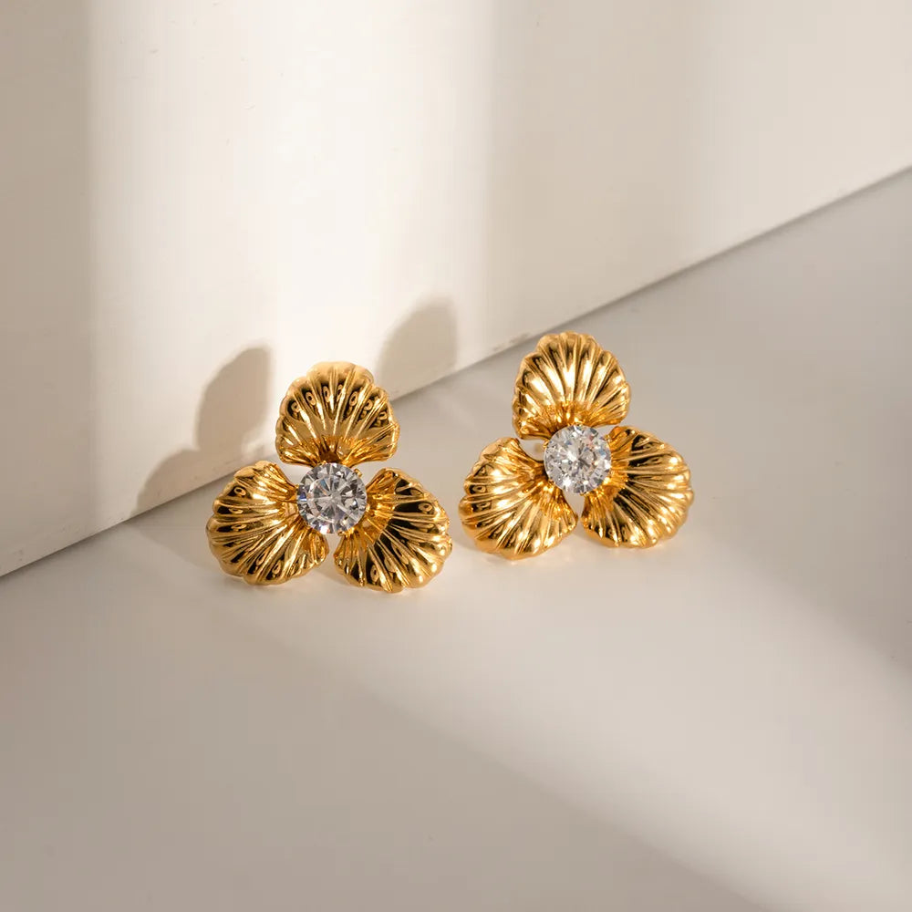 Stainless Steel Zircon Flower Shape Earrings - alternate earring view