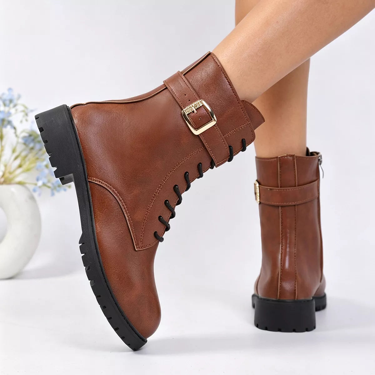 Round-Toe Lace-Up Boots in Coffee Brown - women's boots