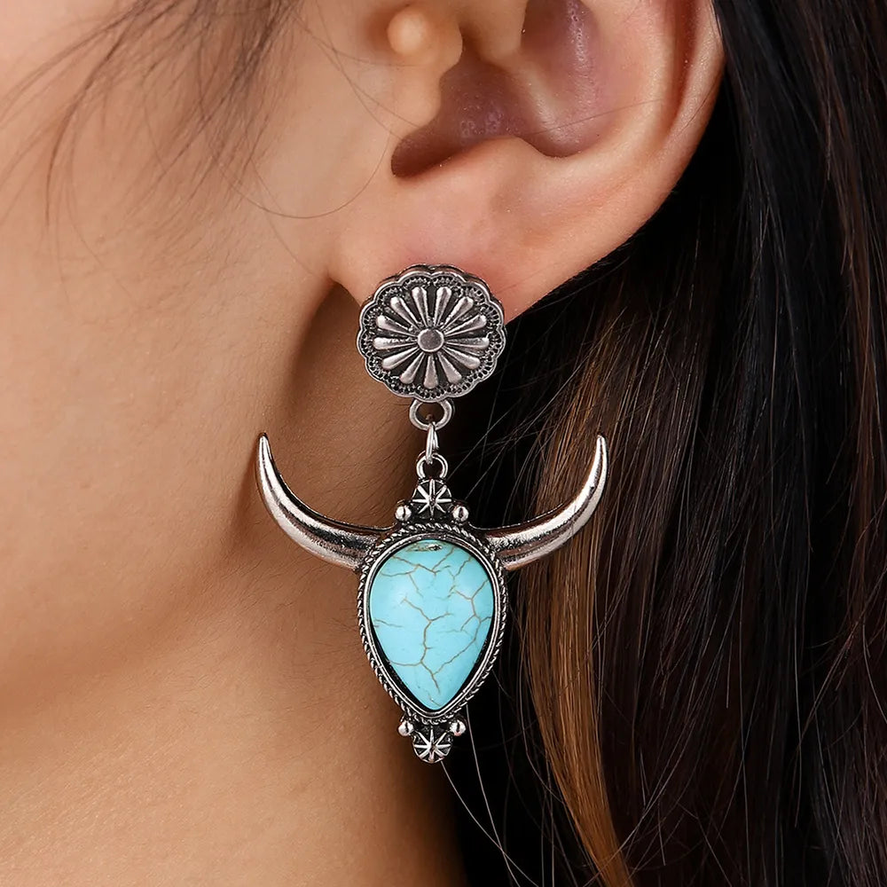 Artificial Turquoise Alloy Cow Head Earrings - alternate earring view