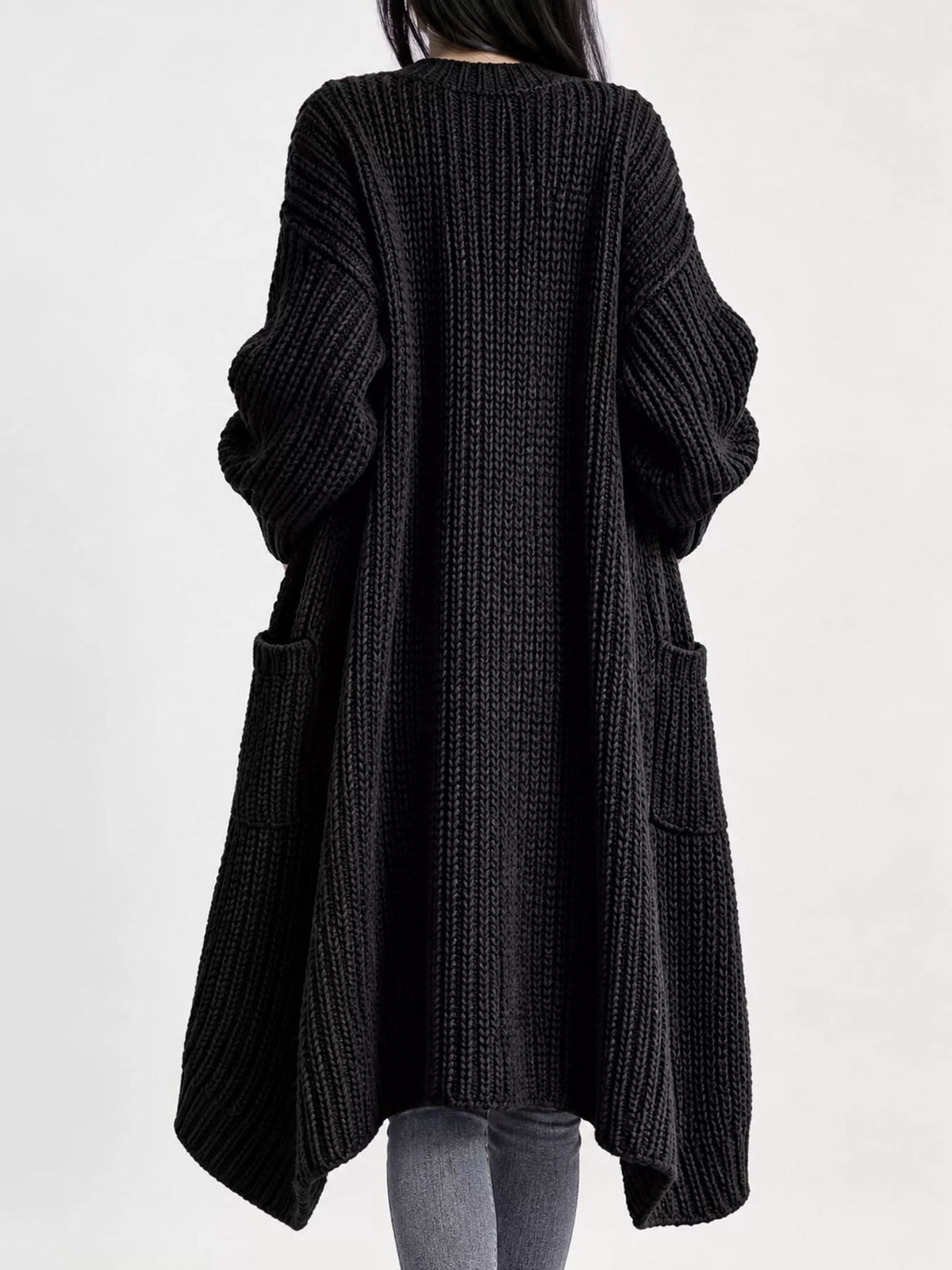 Chunky-Knit Openwork Front Longline Cardigan in Coffee - women's cardigan