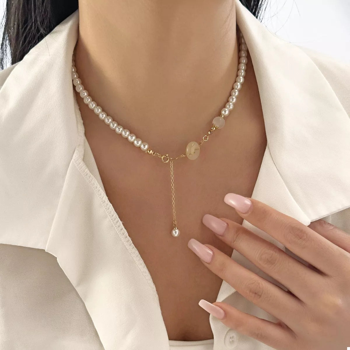 Synthetic Pearl 18K Gold-Plated Resin Pendant Necklace - alternate necklace view