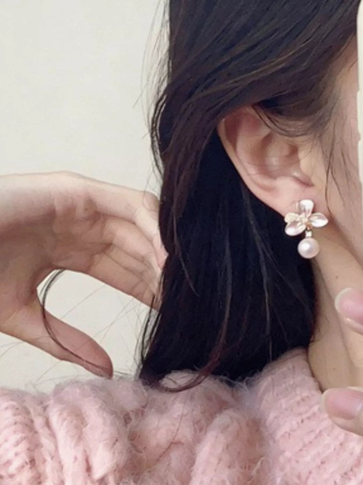 Pearl Flower Drop Earrings in Cream - women's drop earrings