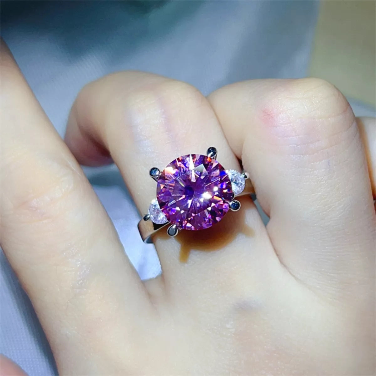 5 Carat Moissanite Sterling Silver Ring in Pink - women's ring