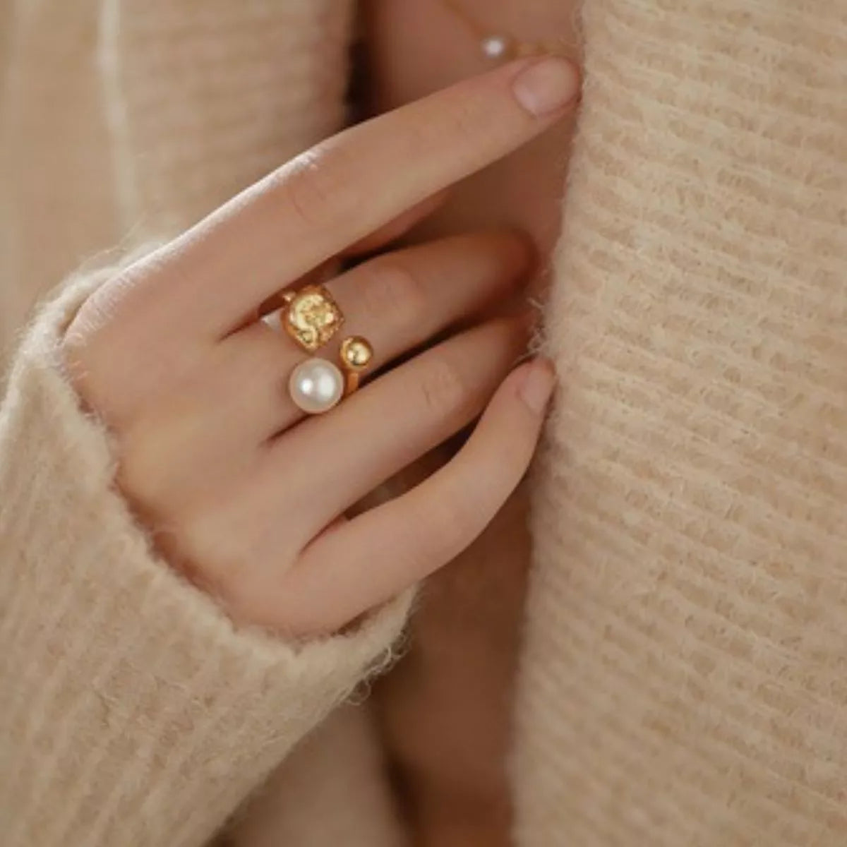 18K Gold-Plated Pearl Open Ring - alternate ring view