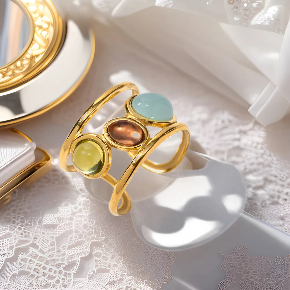 18K Gold-Plated Gemstone Open Cuff Ring - alternate ring view