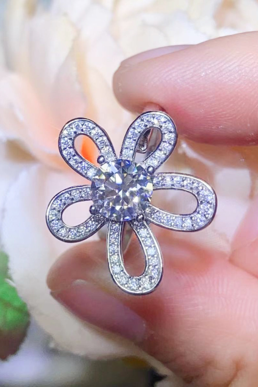 1 Carat Moissanite Flower-Shape Open Ring in White - women's open ring