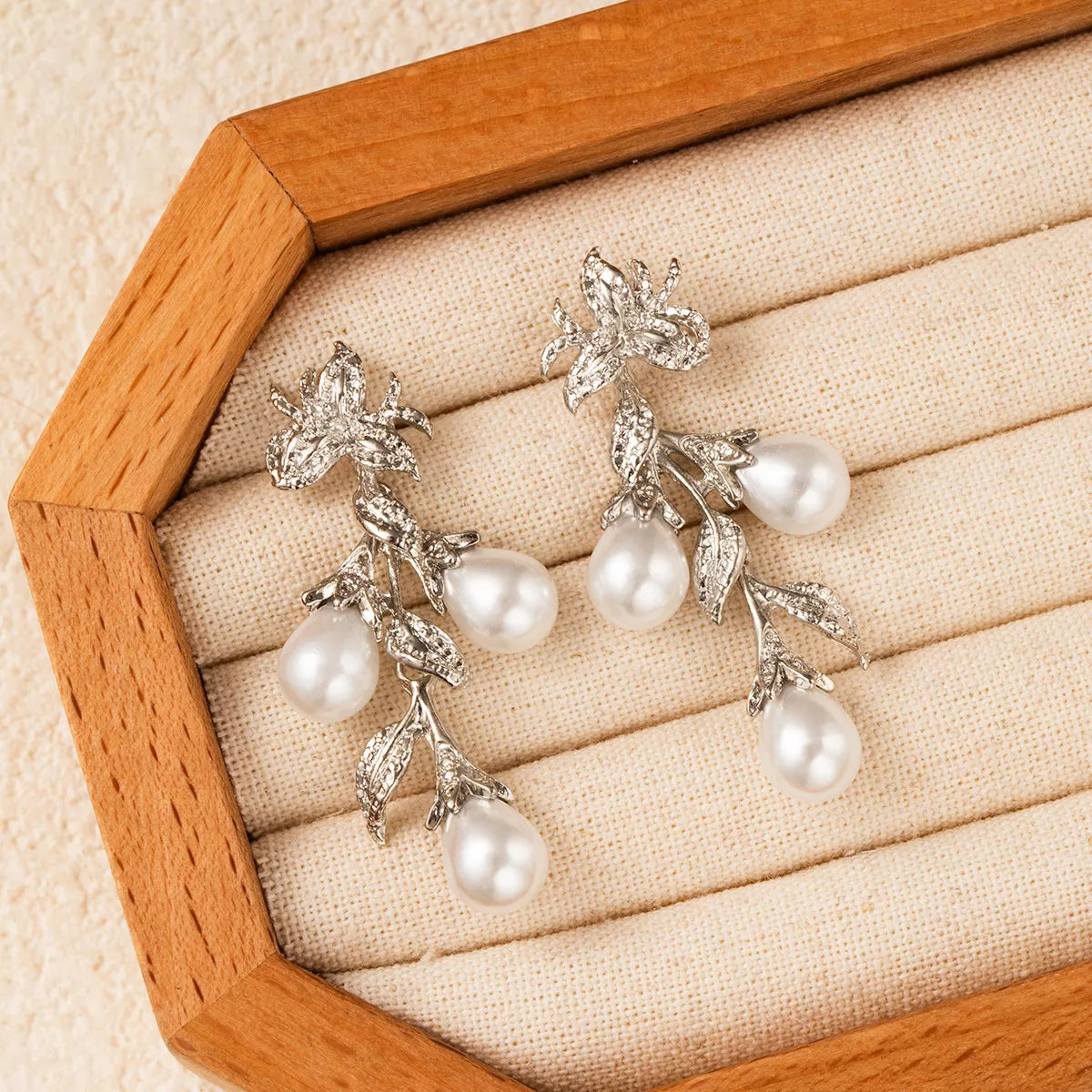 Flower Synthetic Pearl Branch Earrings - alternate earring view