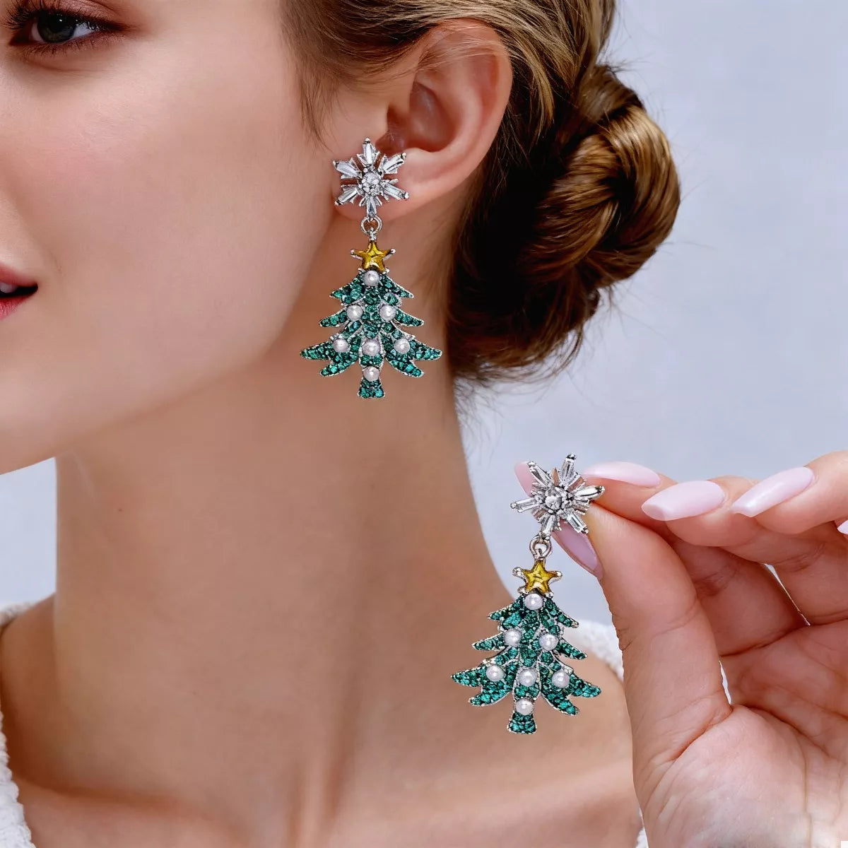 Christmas Tree Snowflake Dangle Earrings in Green - women's dangle earrings