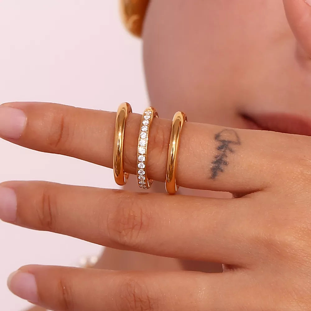 Stainless Steel Zircon Ring 3 Piece Set in Gold - women's ring