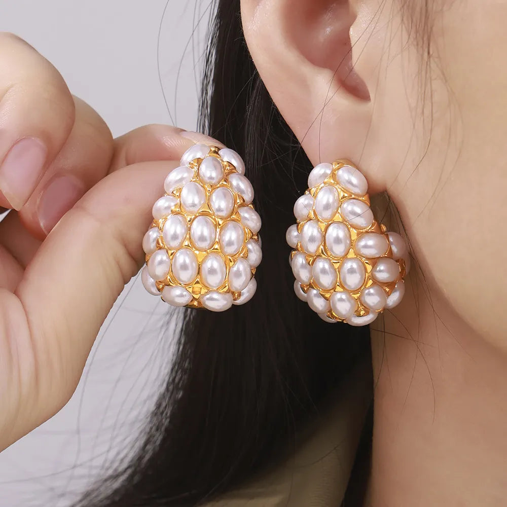 Titanium Steel Inlaid Imitation Pearl Earrings - alternate earring view