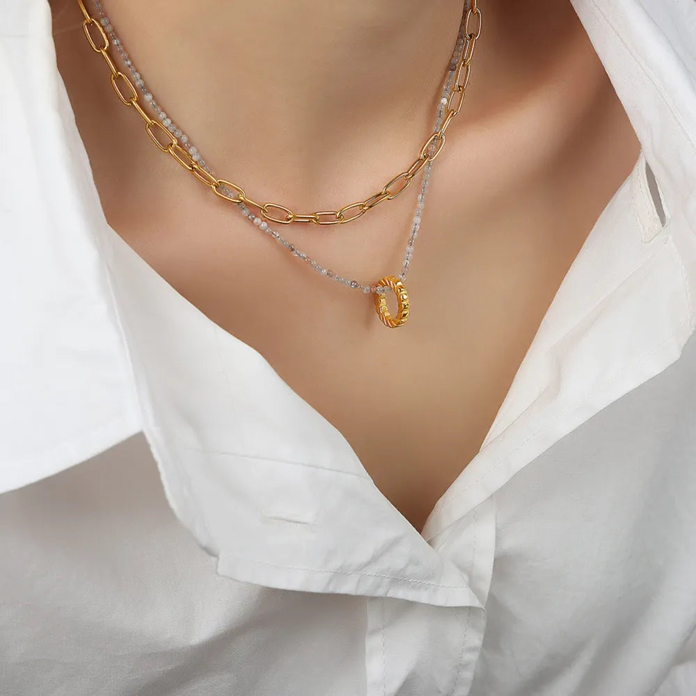 Beaded Double-Layered Titanium Steel Necklace - alternate necklace view