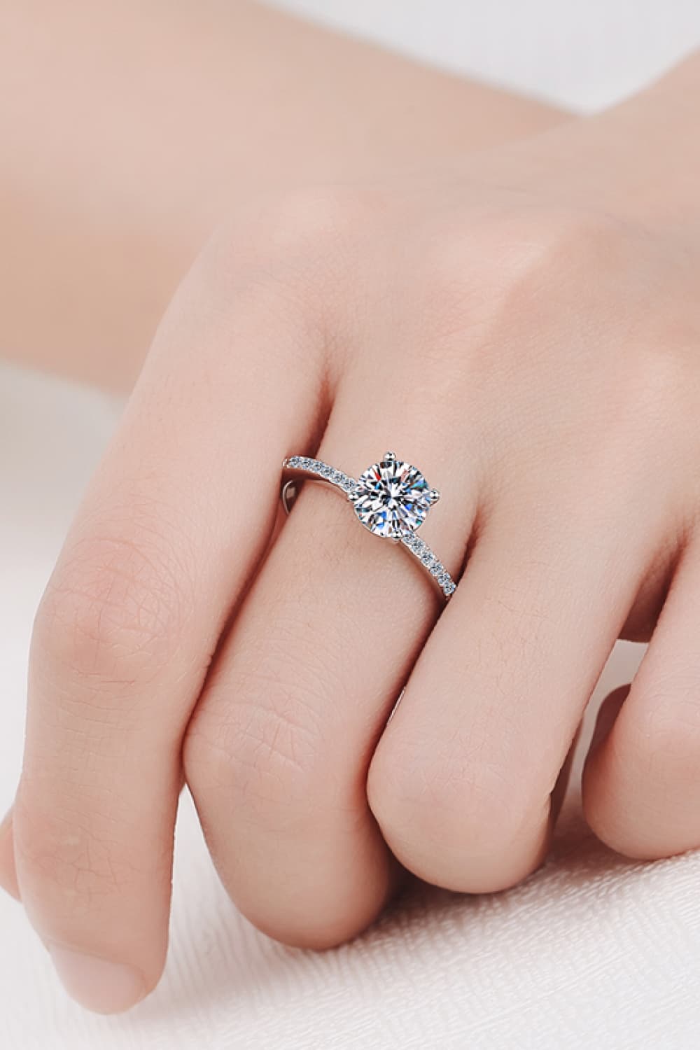 1 Carat Moissanite Rhodium-Plated Side Stone Ring in Silver - women's side-stone ring
