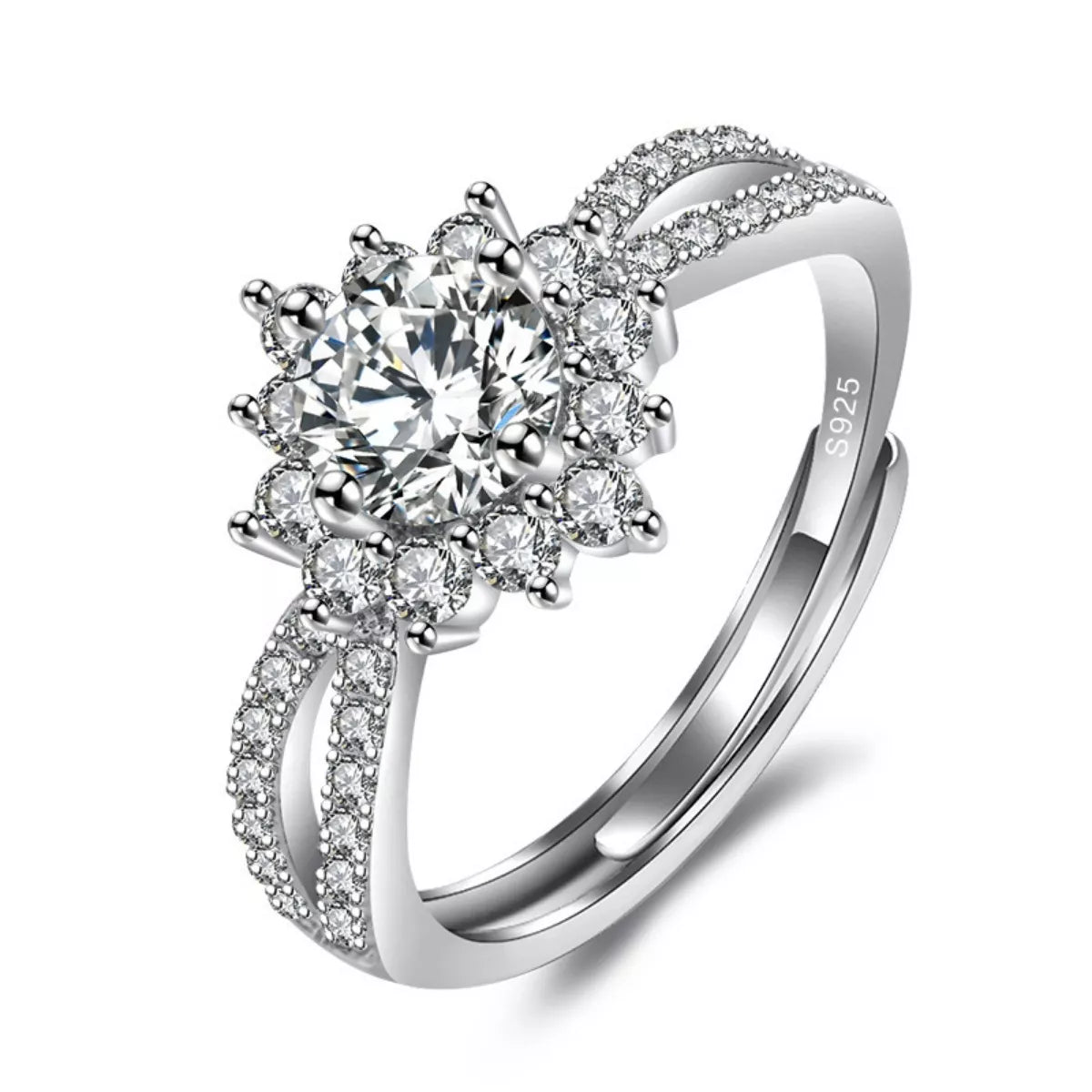 1 Carat Moissanite Sterling Silver Flower Ring - alternate ring view