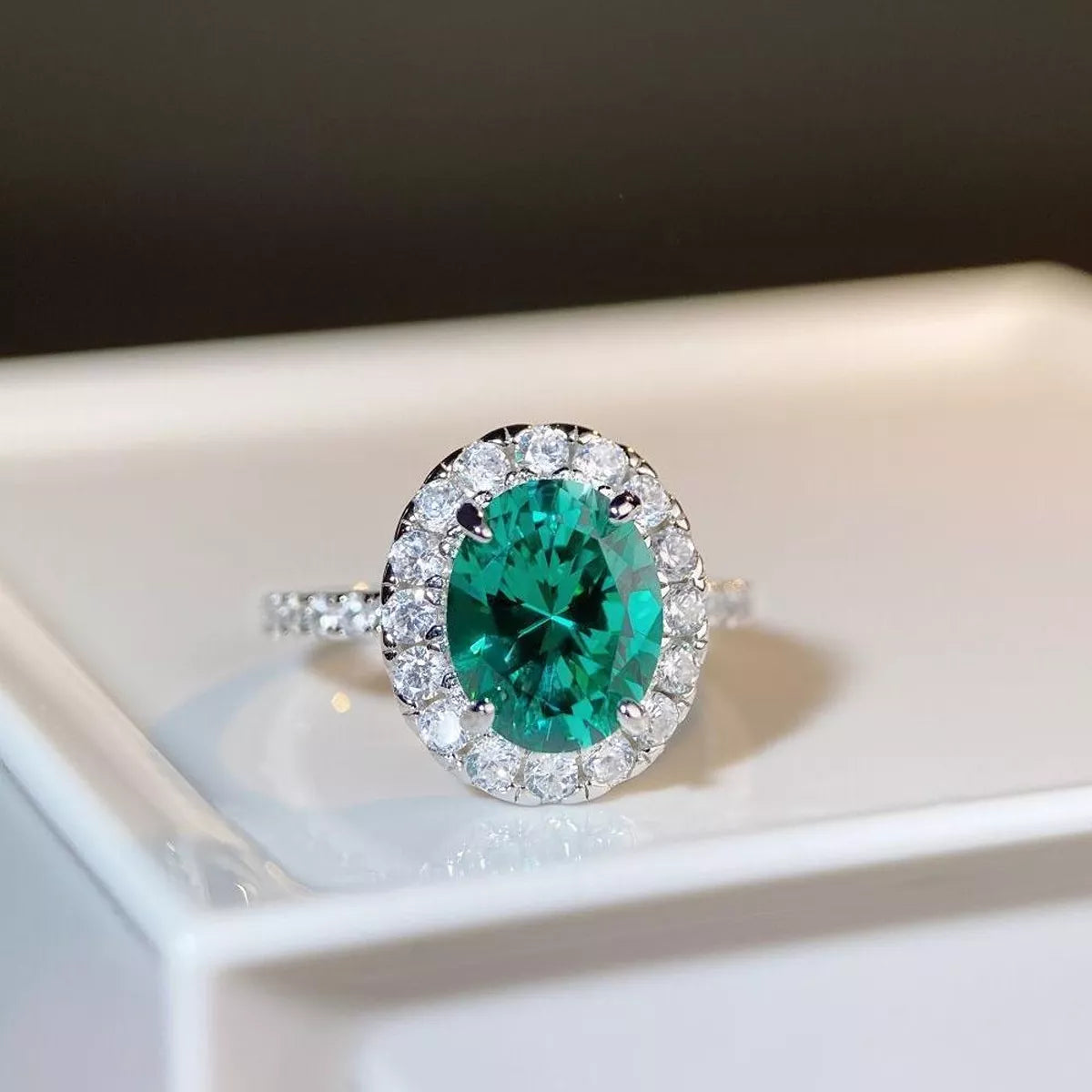 Sterling Silver Oval Zircon Ring in Dark Green - women's ring