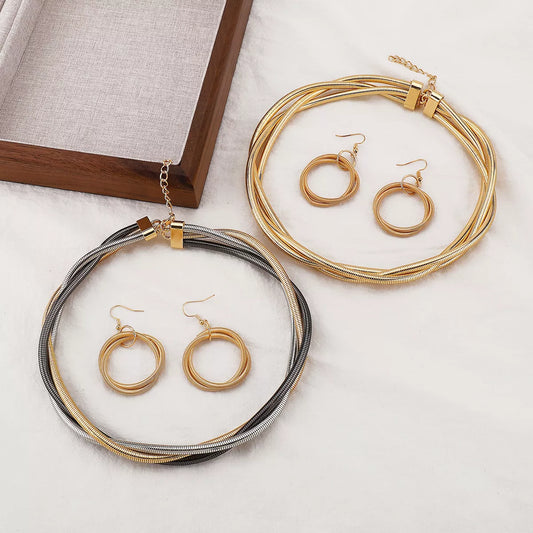 Multi-Layered Earrings and Necklace Set in Gold - women's layered necklace