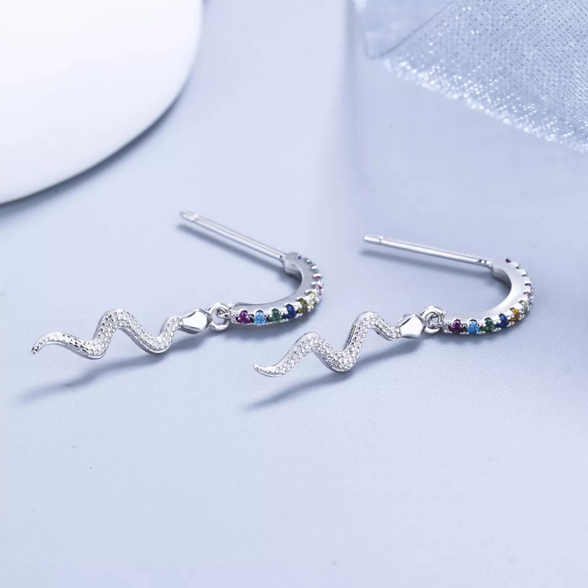 Sterling Silver Rainbow Zircon Geometric Earrings - alternate earring view