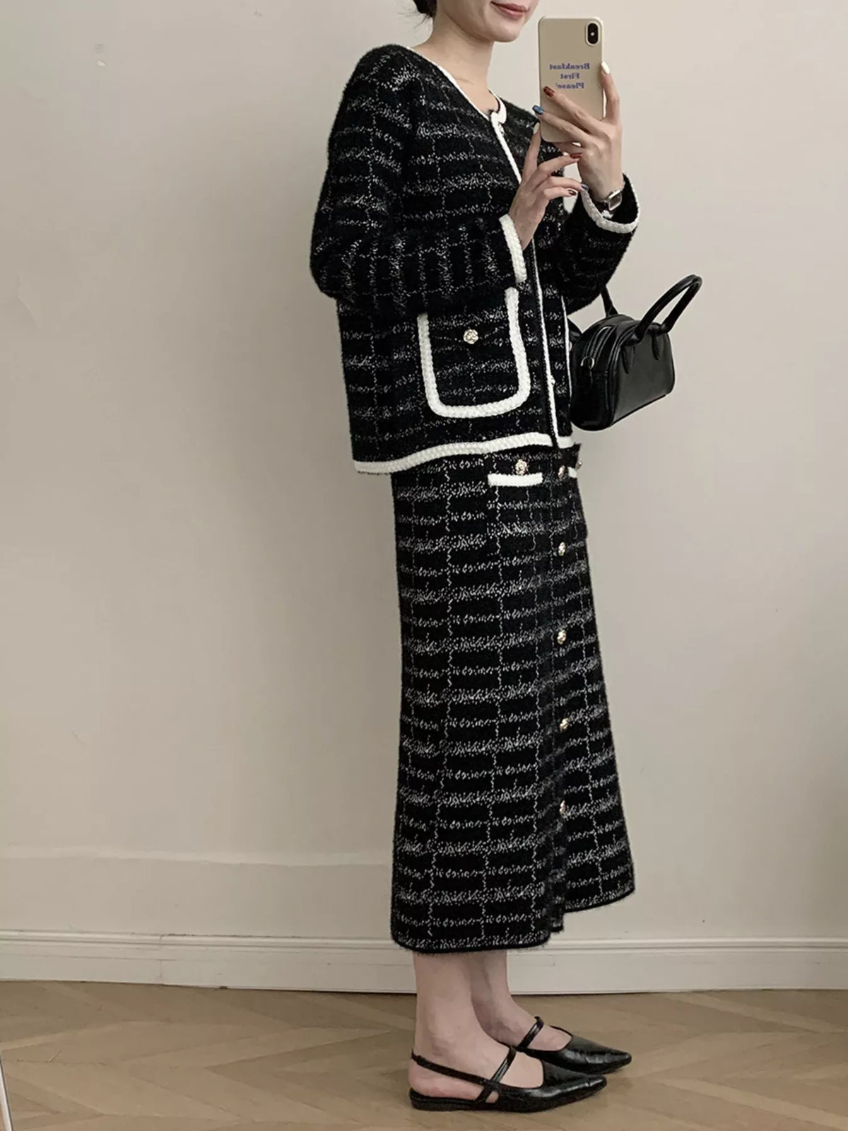 Tweed Contrast Trim Jacket and Skirt Set - alternate view