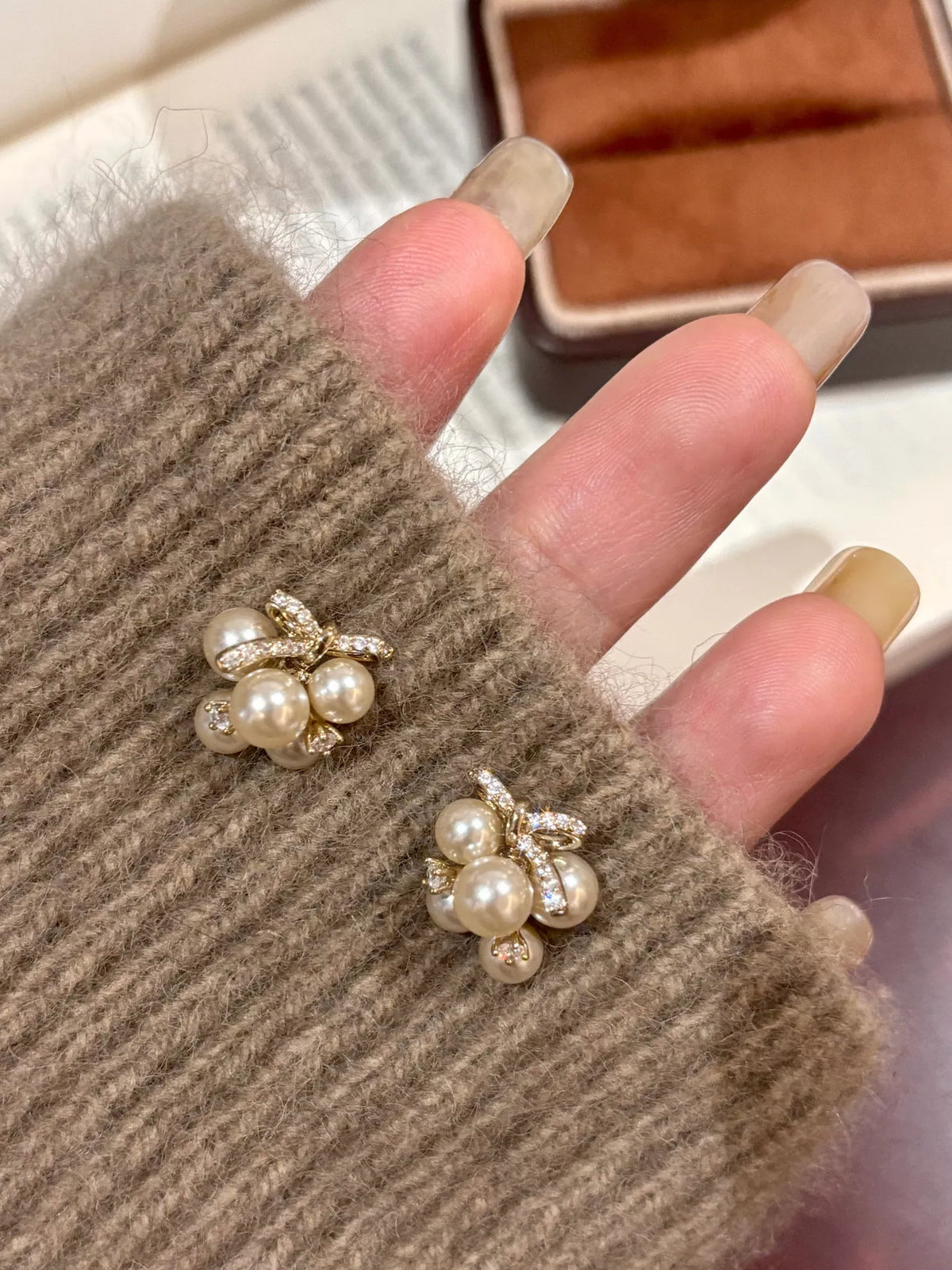 Pearl Cluster Bow Earrings - alternate earring view
