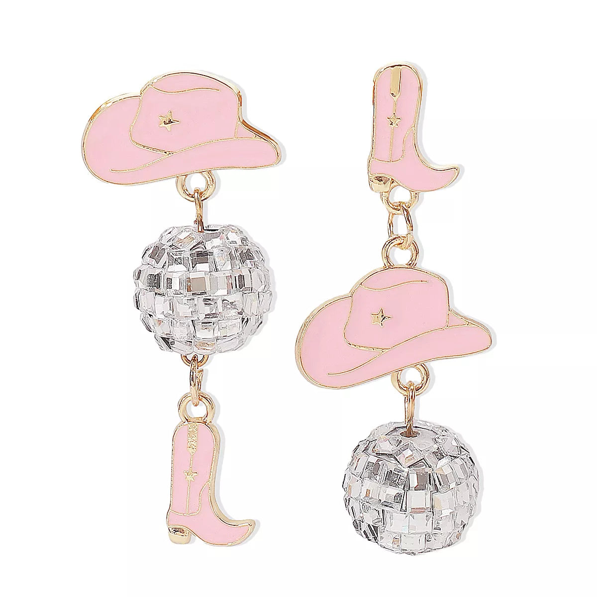 Asymmetrical Cowgirl Boot Hat Ball Dangle Earrings in White - women's dangle earrings