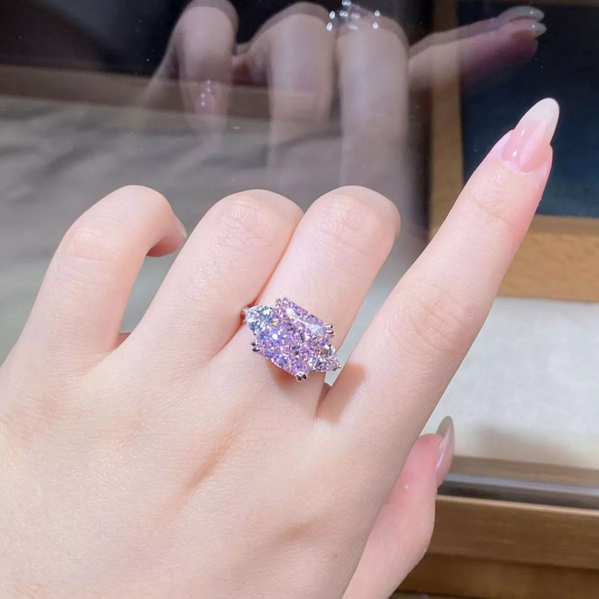 Sterling Silver Zircon Geometric Ring in Pink Purple - women's ring