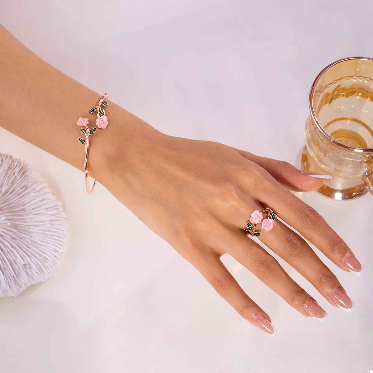 Rose Bypass Ring and Bracelet Set - alternate jewelry view