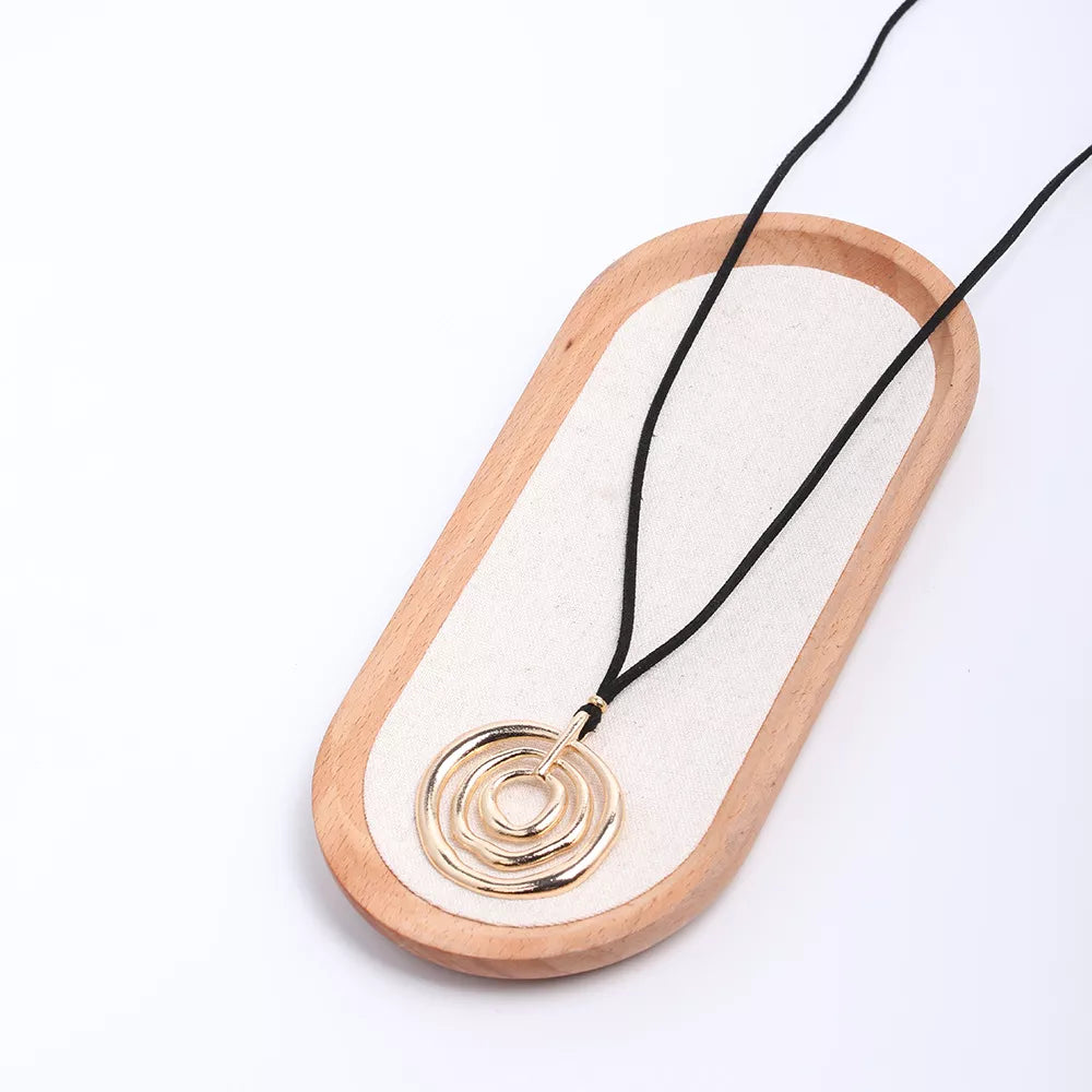 Minimalist Geometric Gold-Tone Pendant Long Necklace with Black Cord - alternate necklace view
