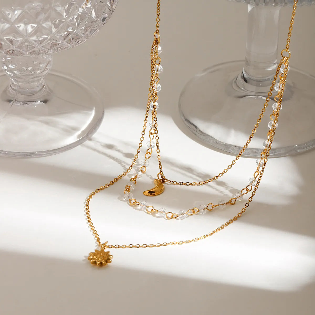 18K Gold-Plated Layered Moon Sun Pendant Necklace - alternate necklace view