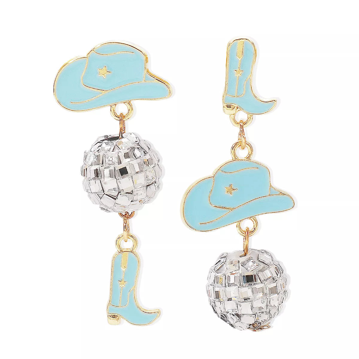 Asymmetrical Cowgirl Boot Hat Ball Dangle Earrings - alternate earring view