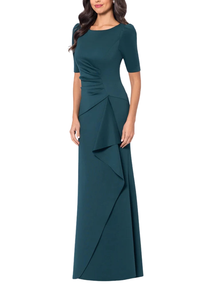 XScape Demi Boat Neckline Short Set-In Sleeves Back Zipper Side Ruffle Detail Long Dress