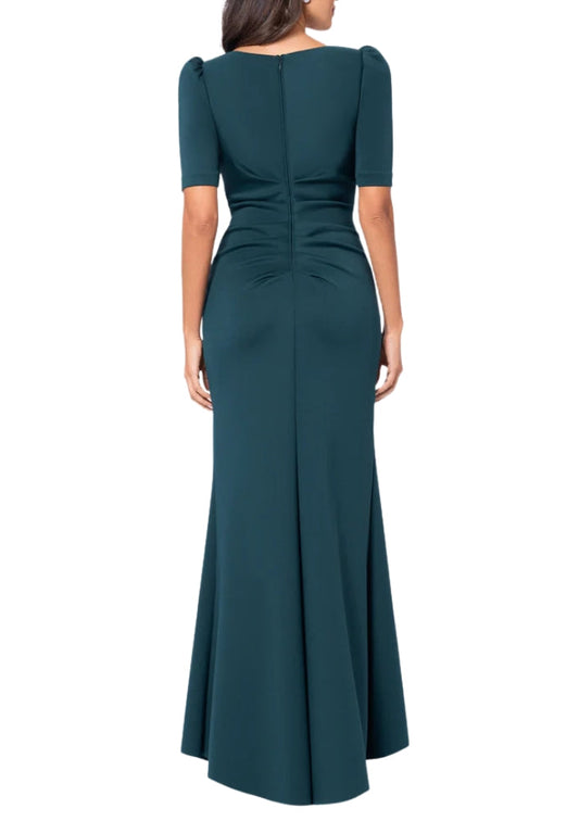 XScape Demi Boat Neckline Short Set-In Sleeves Back Zipper Side Ruffle Detail Long Dress