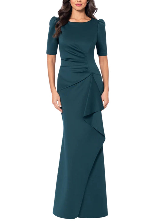 XScape Demi Boat Neckline Short Set-In Sleeves Back Zipper Side Ruffle Detail Long Dress