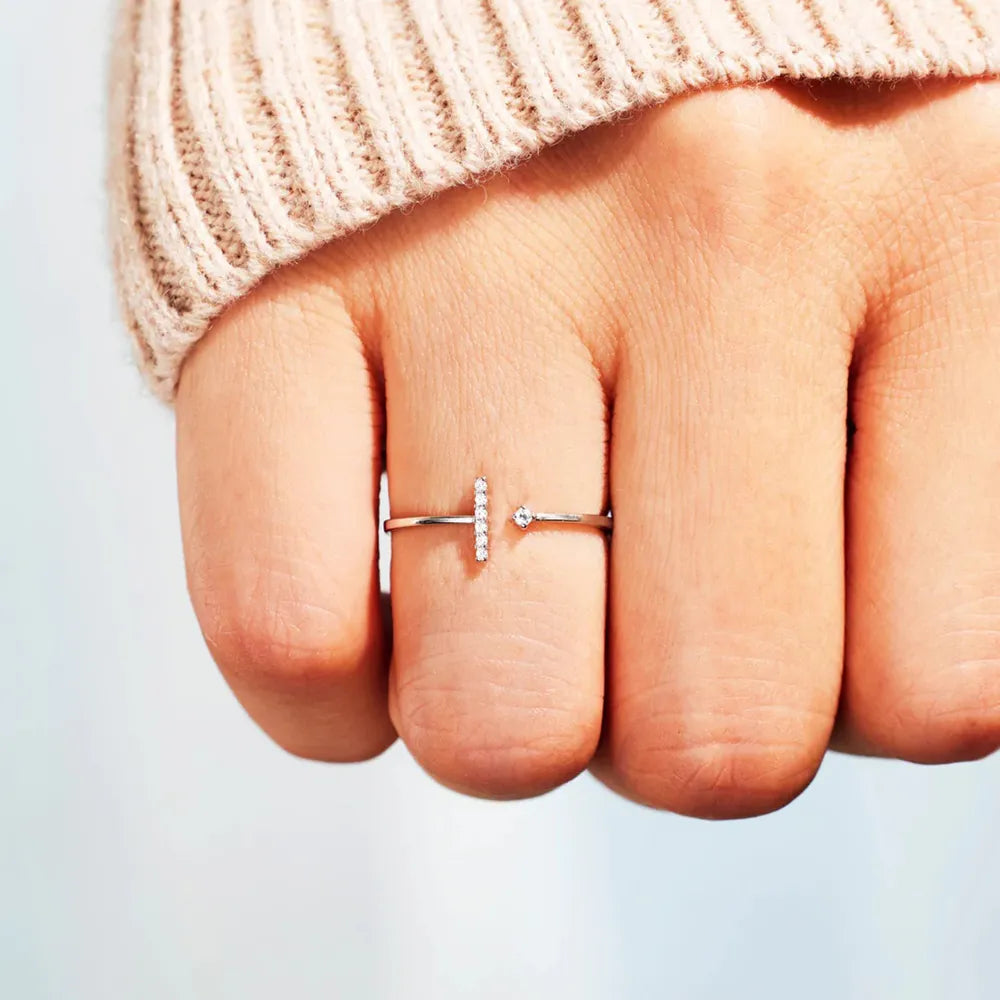 T Shape Inlaid Zircon Sterling Silver Open Ring - alternate ring view