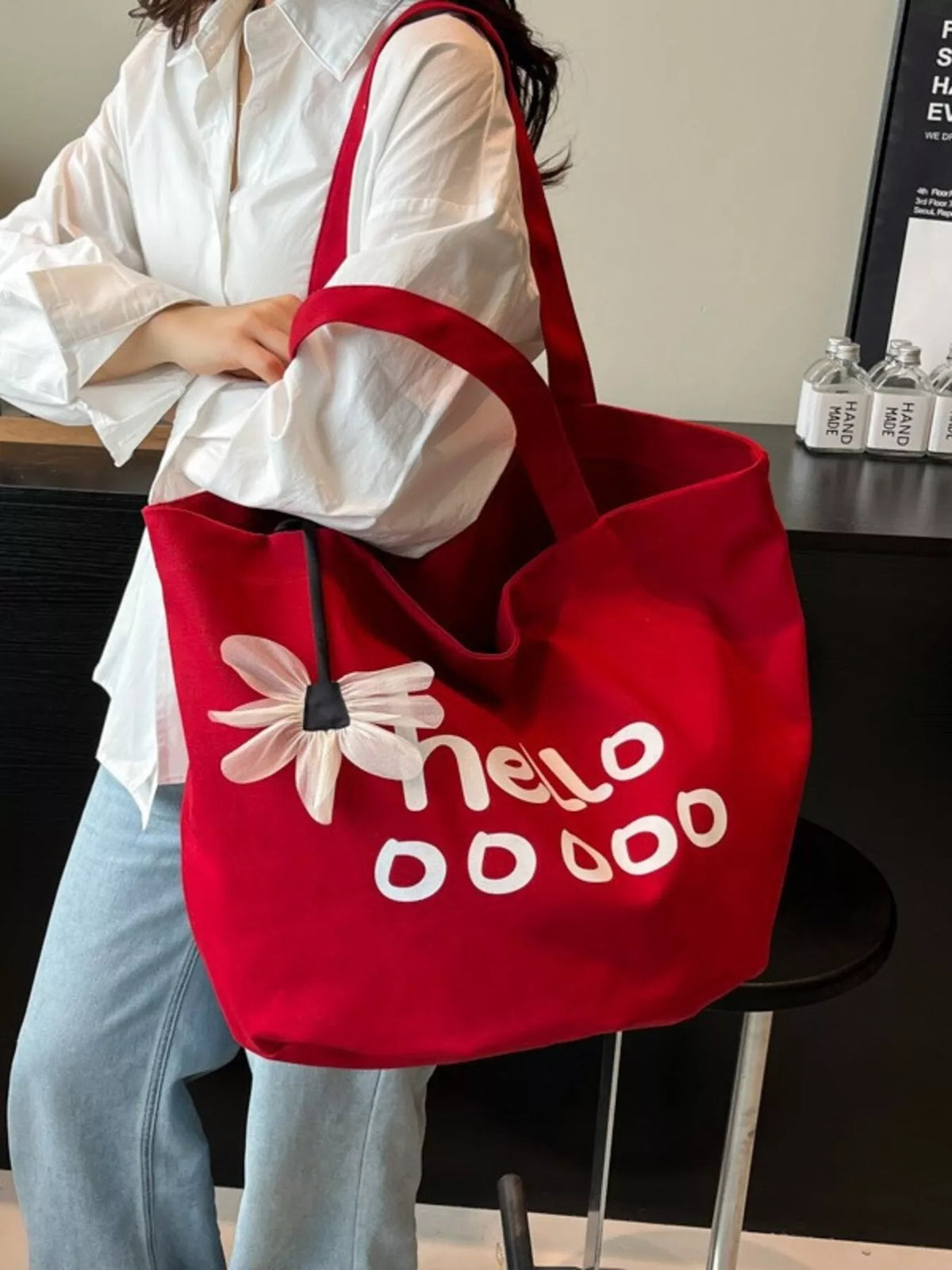 Letter Canvas Tote Bag in Black - women's tote bag