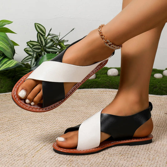 Two-Tone Crisscross Strap Sandals in Black - women's strappy flat sandals