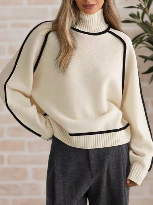 Contrast Trim Turtleneck Sweater in Beige - women's turtleneck sweater