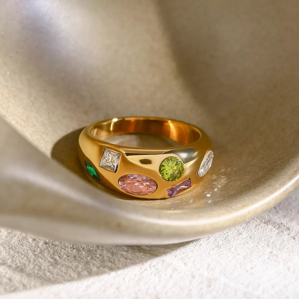 18K Gold-Plated Colorful Zircon Ring in Gold - women's ring