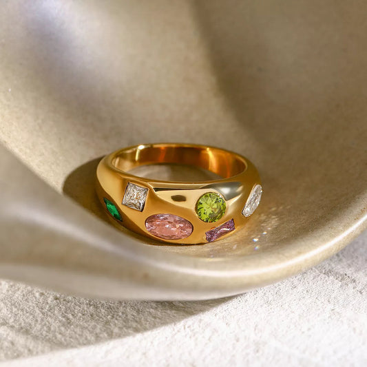 18K Gold-Plated Colorful Zircon Ring in Gold - women's ring