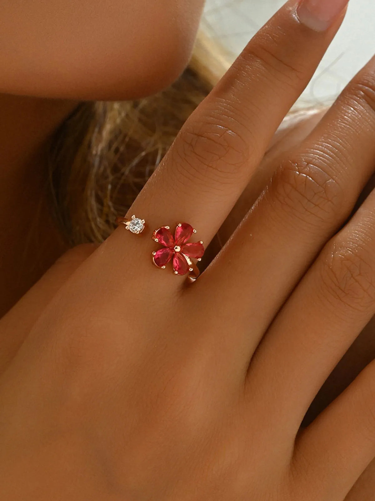 18K Gold-Plated Stainless Steel Zircon Flower Ring in Blush Pink - women's ring