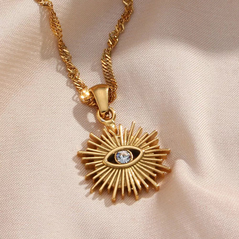 18K Gold-Plated Evil Eye Sunburst Pendant Necklace - alternate necklace view