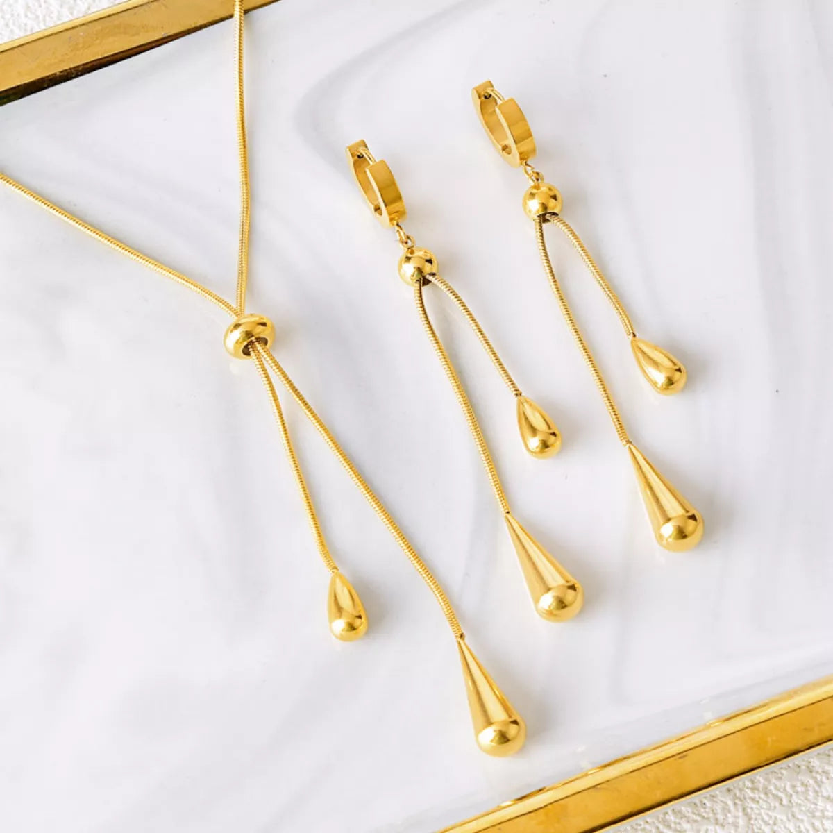 Teardrop Pendant Necklace and Earrings Set in Gold - women's pendant necklace