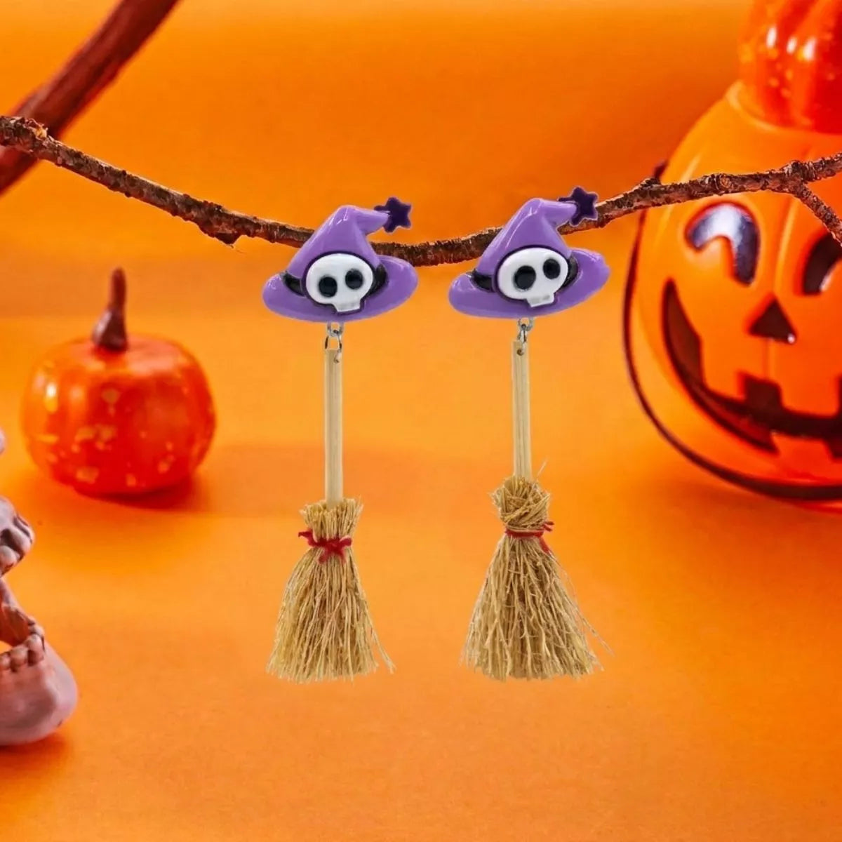 Halloween Witch Hat and Broomstick Dangle Earrings in Black - women's dangle earrings