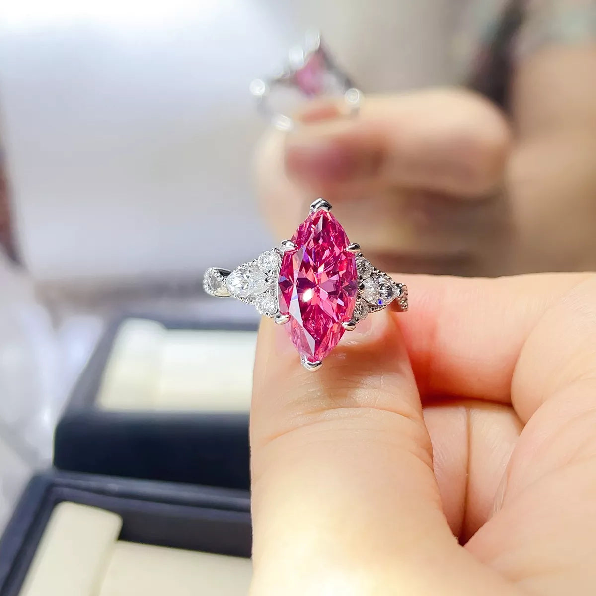 5 Carat Moissanite Sterling Silver Ring in Pink - women's ring