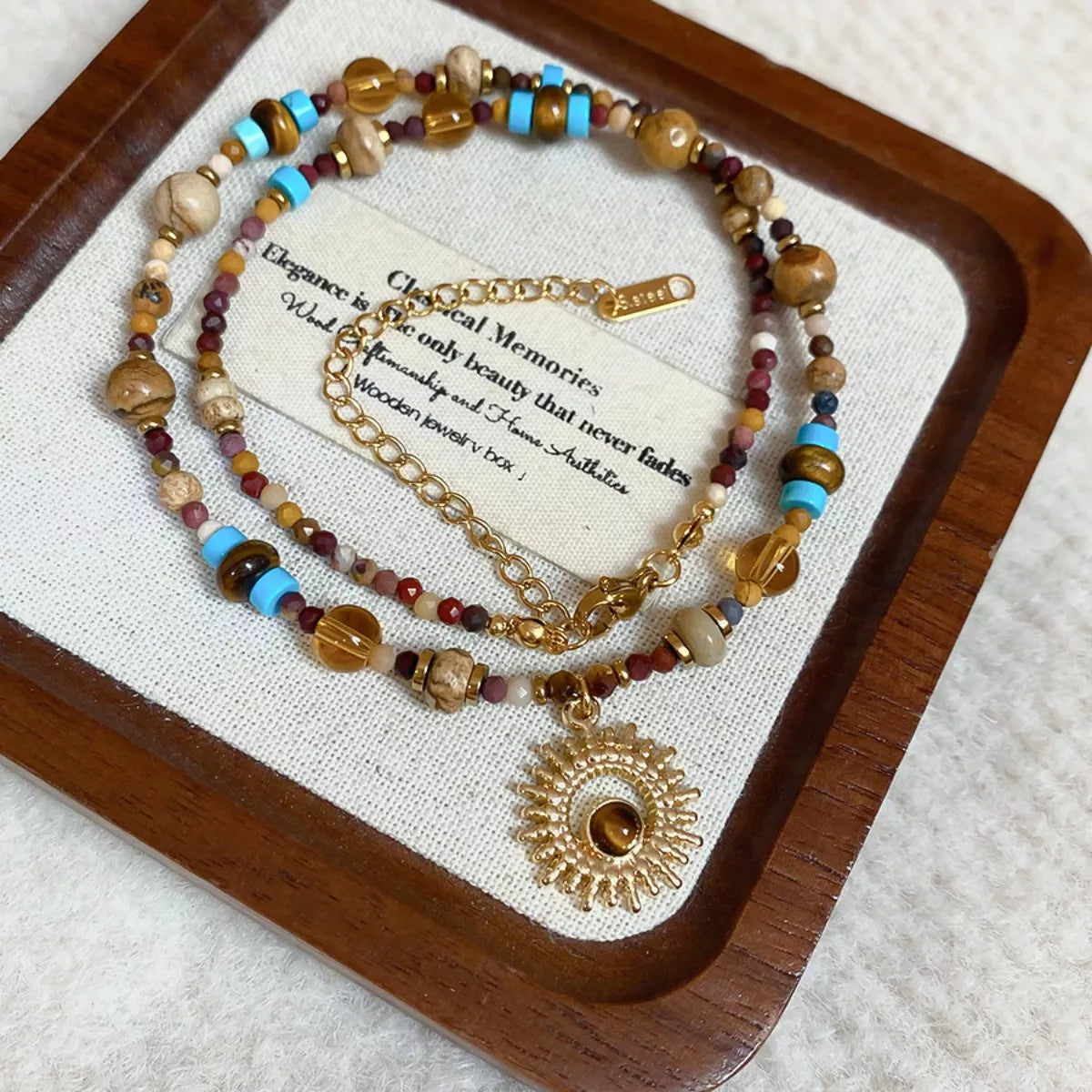 Multi-Color Beaded Sunflower Pendant Necklace - alternate necklace view