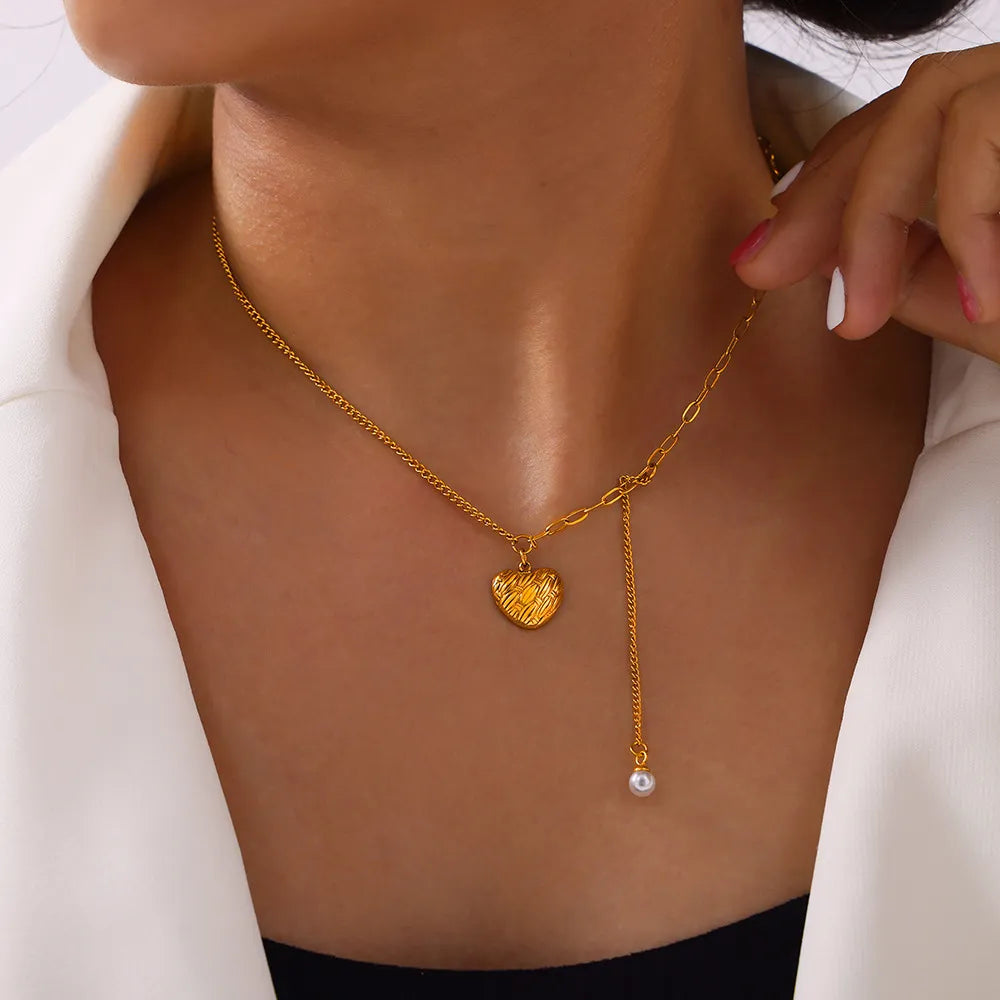 Titanium Steel Imitation Pearl Heart Pendant Necklace in Gold - women's pendant necklace