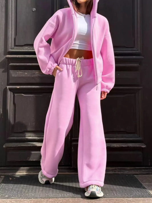 Zip-Up Hoodie and Wide-Leg Sweatpants Set in Pink - women's matching pants set