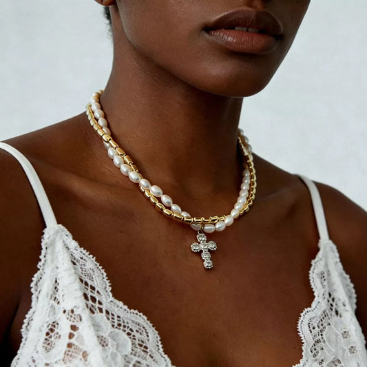 Elegant Pearl Alloy Necklace with Rhinestone Cross Pendant in Gold - women's pendant necklace
