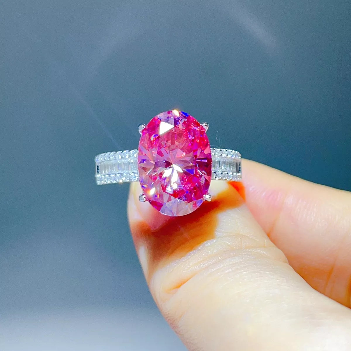 8 Carat Sterling Silver Moissanite Oval Ring in Pink - women's ring