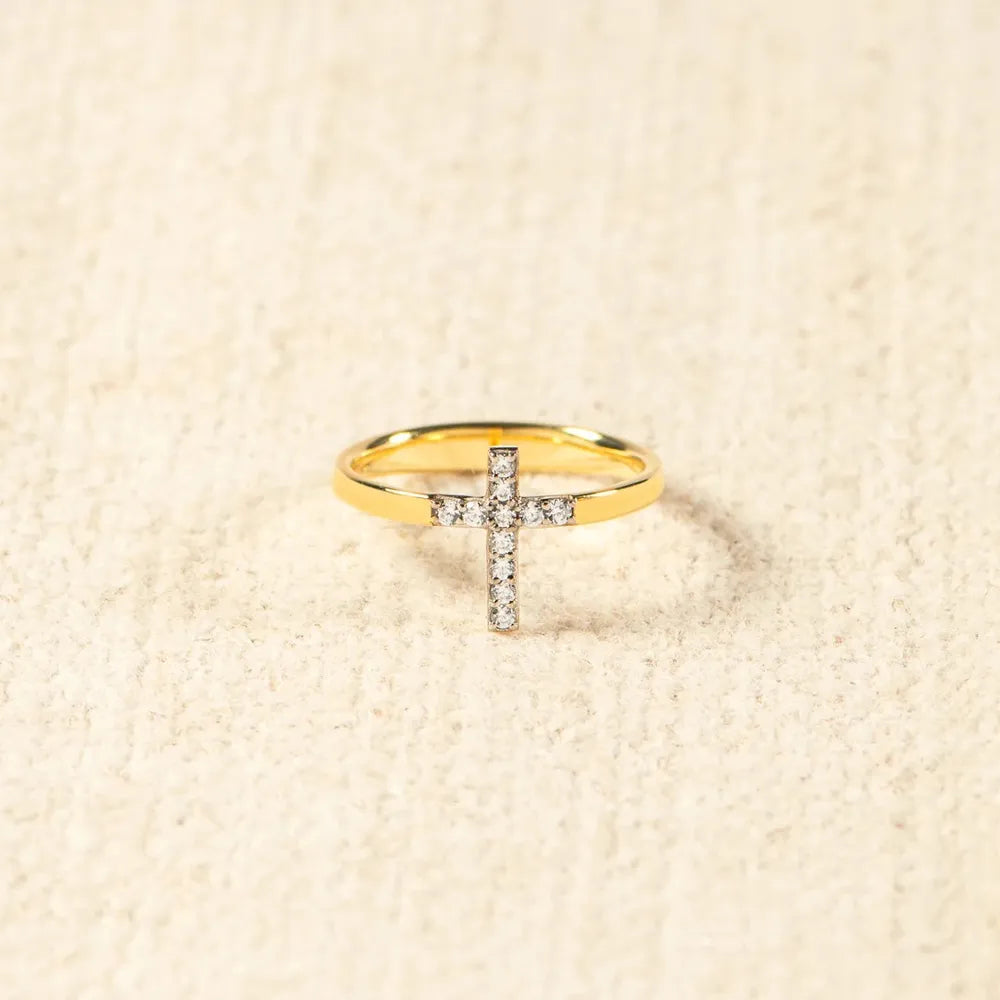 Sterling Silver Inlaid Zircon Cross Ring in Gold - women's ring