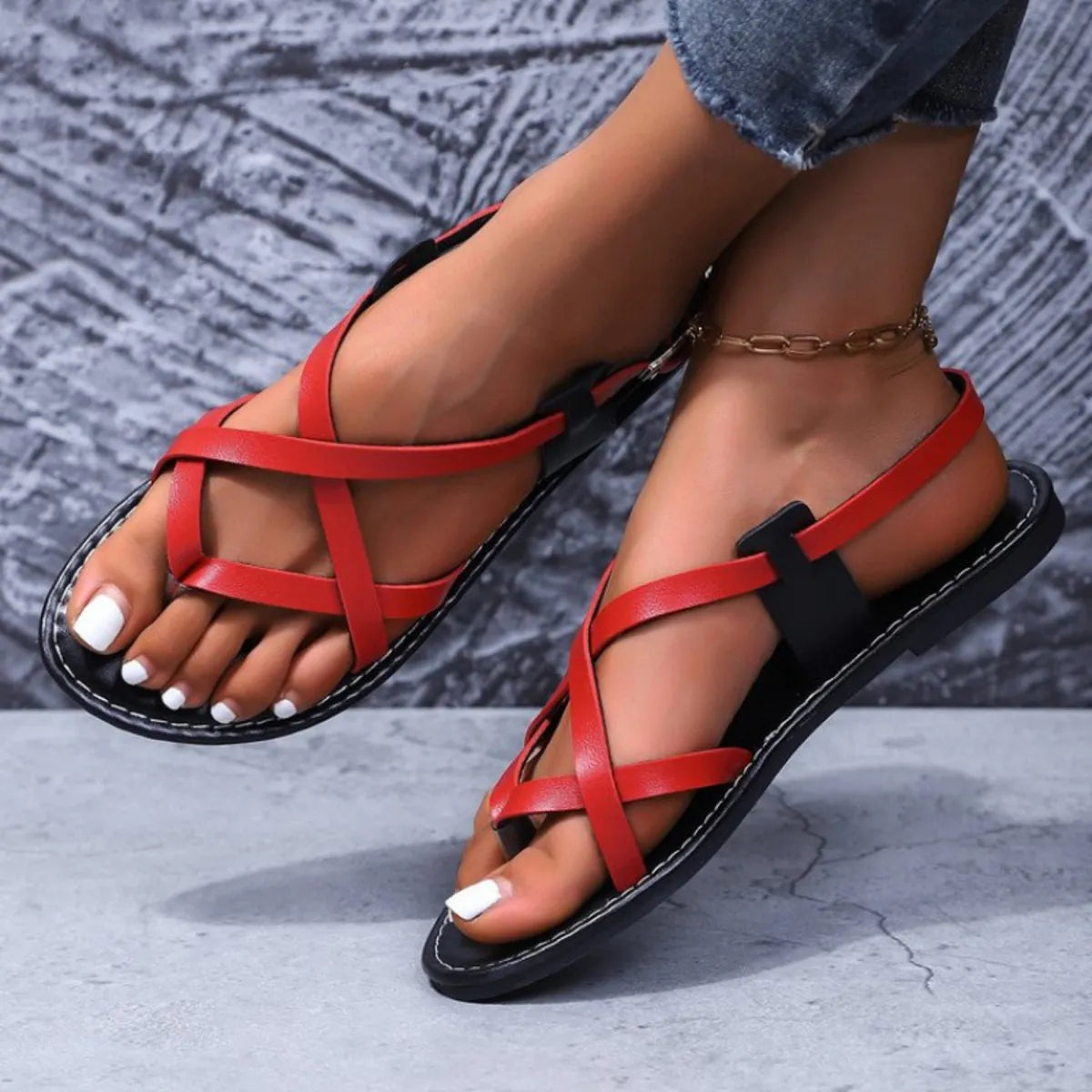 Strappy Cross-Strap Flat Sandals in Red - women's strappy flat sandals
