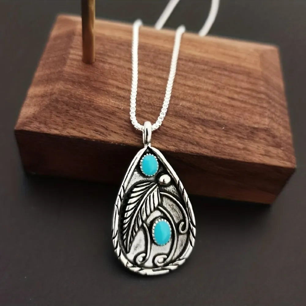 Alloy Artificial Turquoise Teardrop Pendant Necklace in Silver - women's pendant necklace